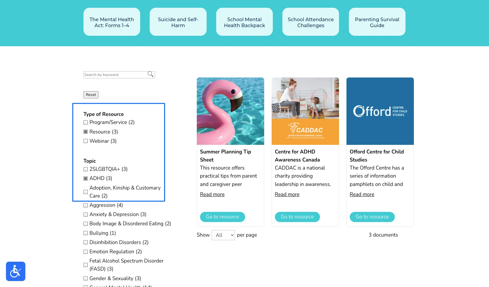 Children's Mental Health Ontario's searchable, filterable resource hub, built with Document Library Pro