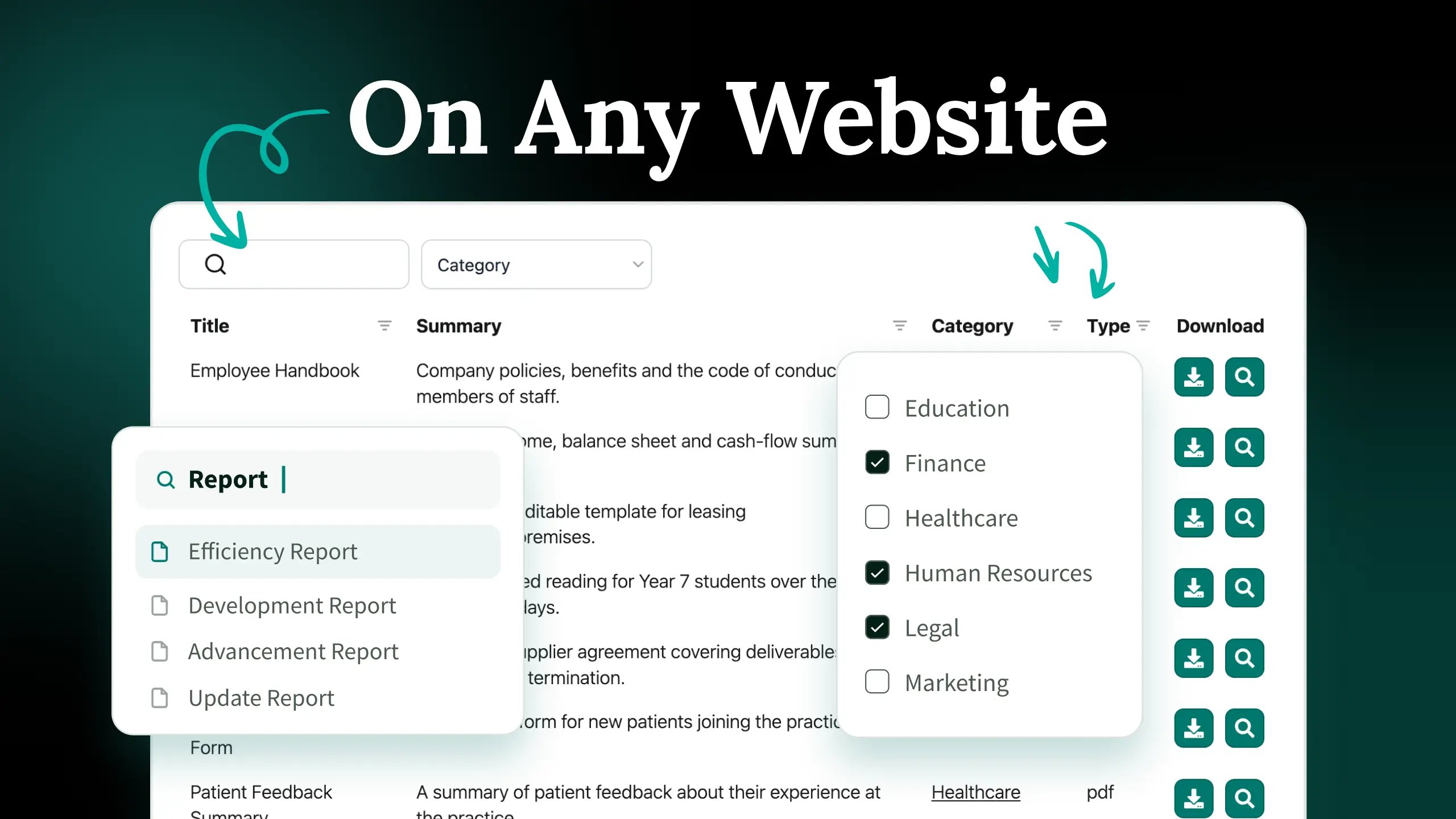 Document Library Pro searchable document library shown on a website