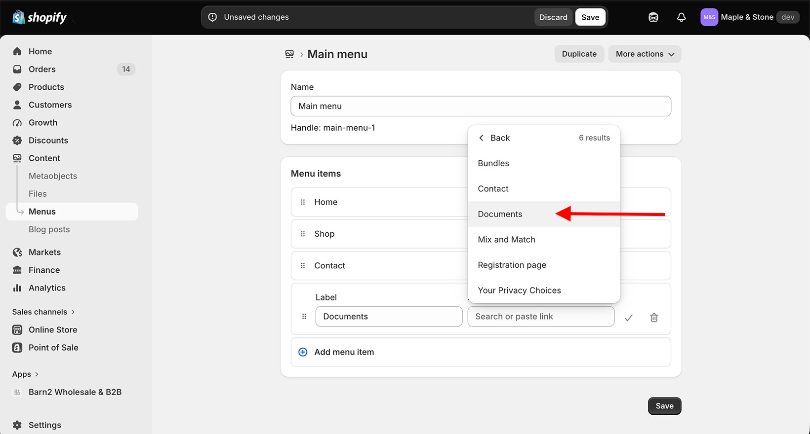 Selecting the Documents page when adding it to a Shopify store menu