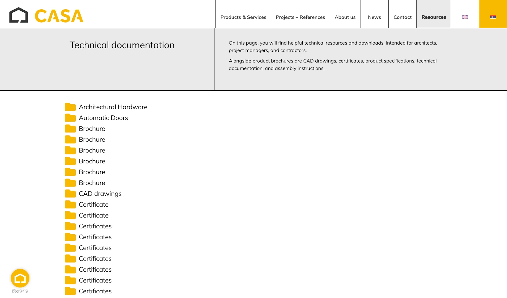 CASA Architectural Hardware technical documentation library organized by category