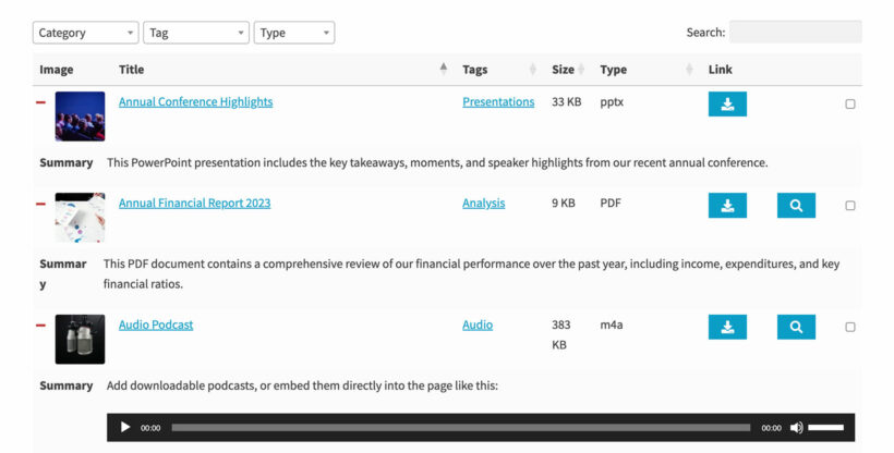 Document description shown full-width below the main row in a document library