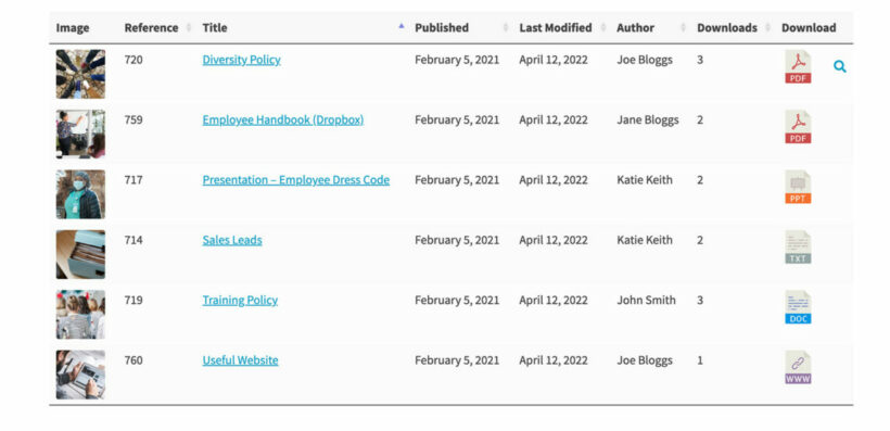 A document library showing author and download count columns