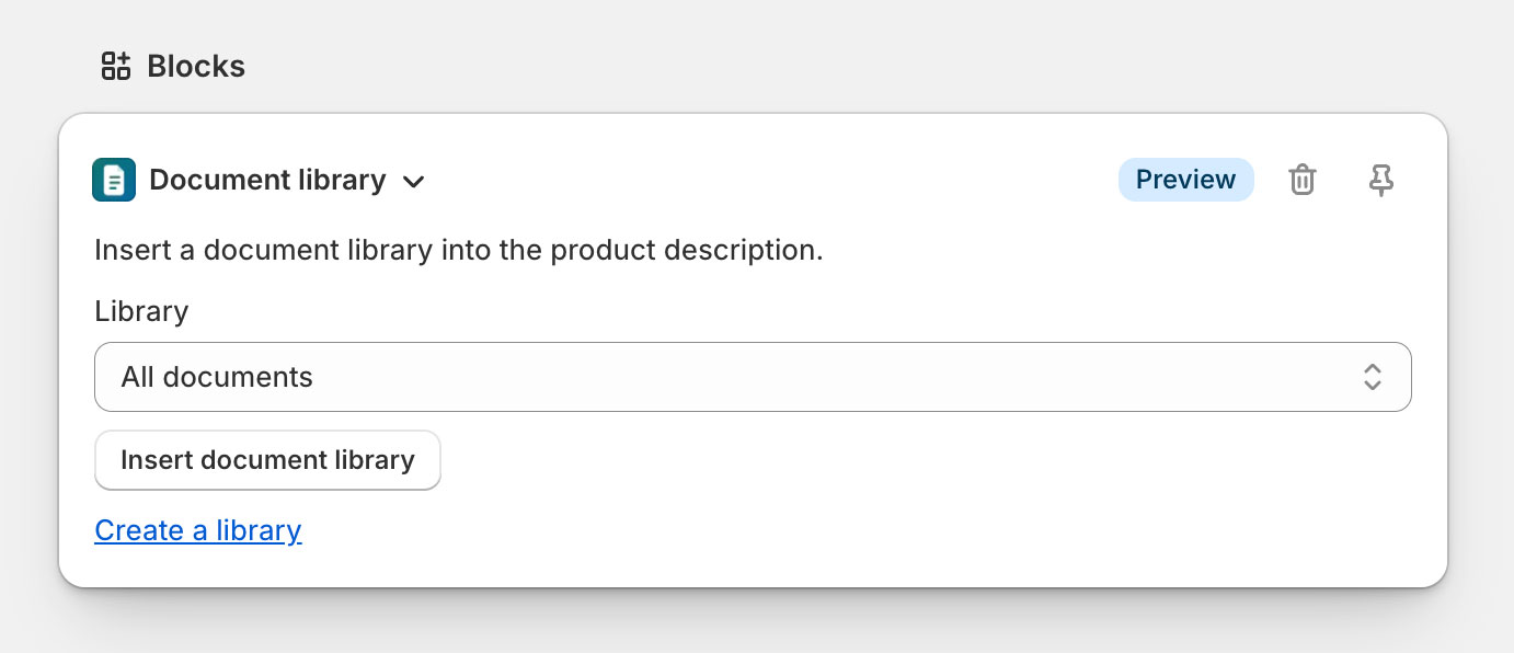 The Document library card in the Shopify product editor with a library dropdown and Insert button