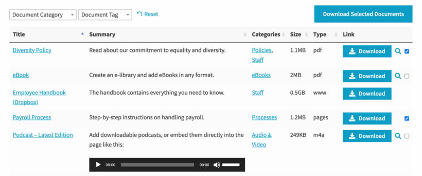 A document library with multi-download checkboxes
