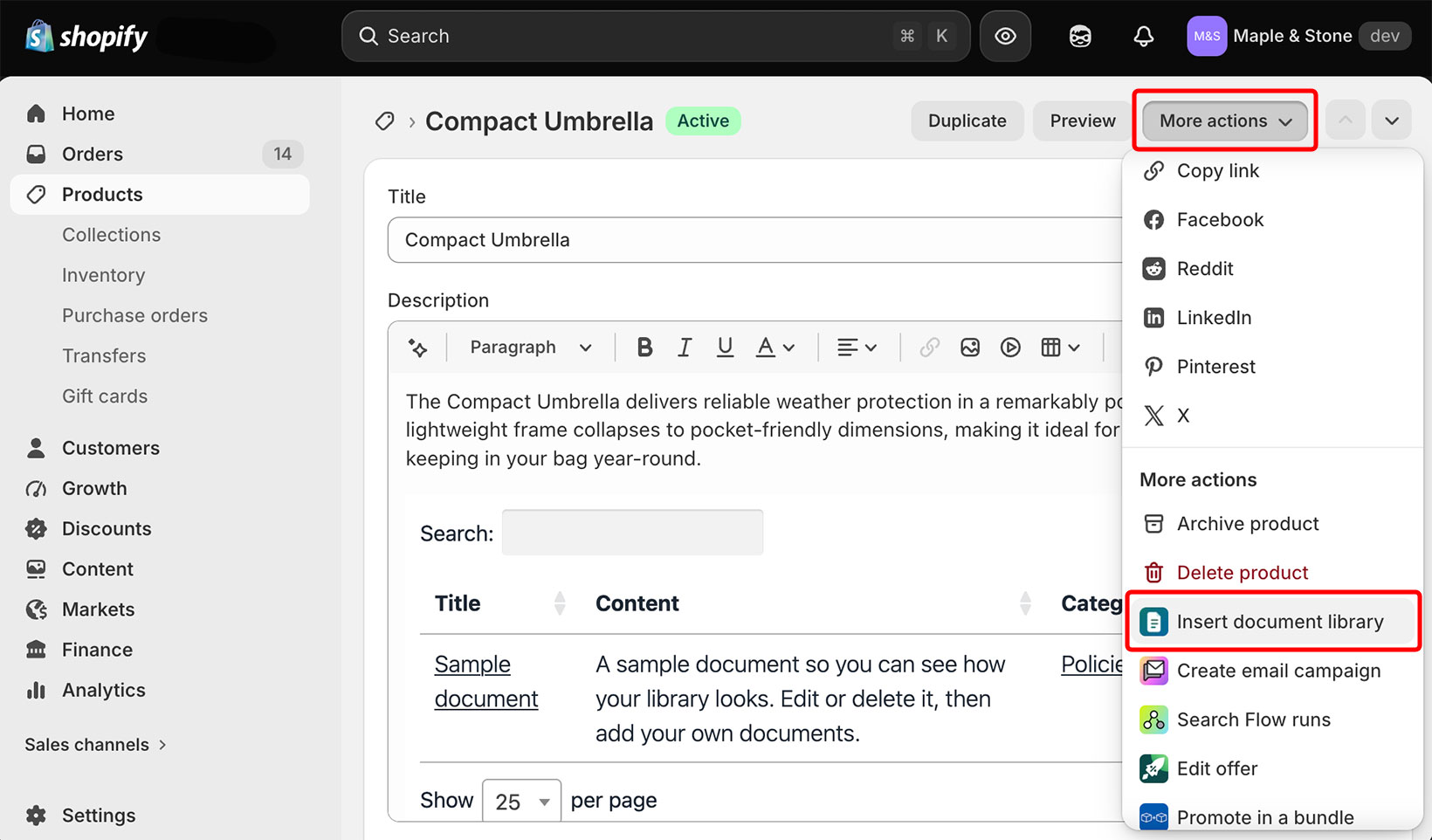 Opening Insert document library from the More actions menu in the Shopify product editor