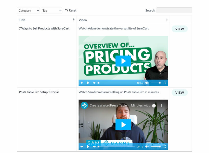 Embedded video player shown inside a searchable document library table