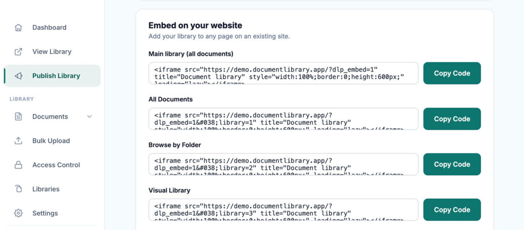 Embed document library into any websites with iframe code. 