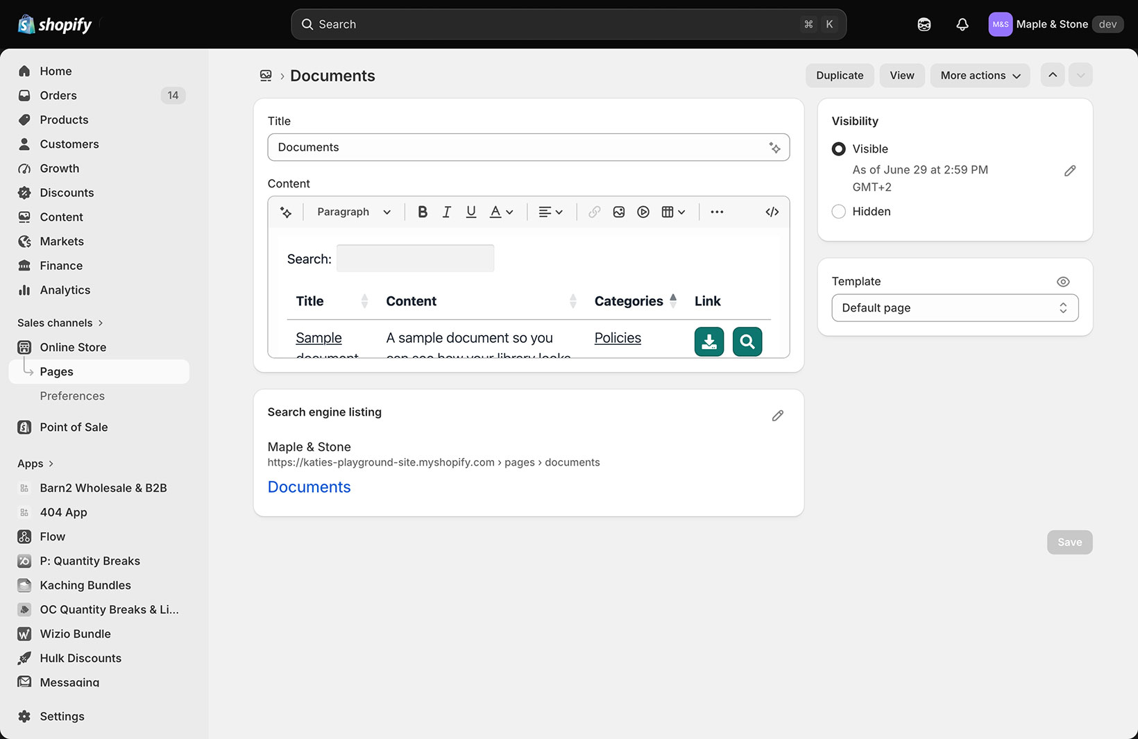 Editing the auto-created Documents page in the Shopify admin
