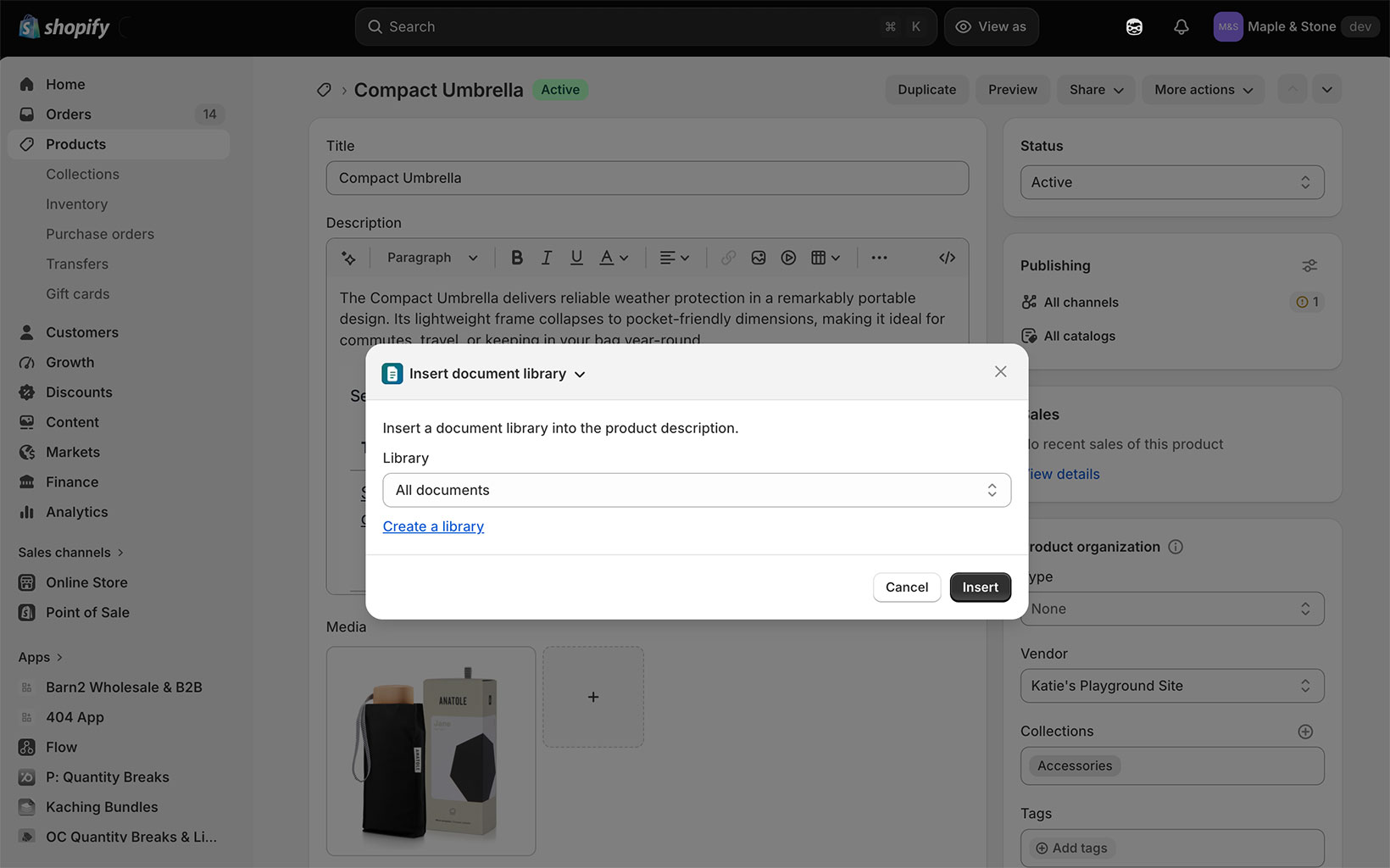 Choosing which document library to insert into a Shopify product