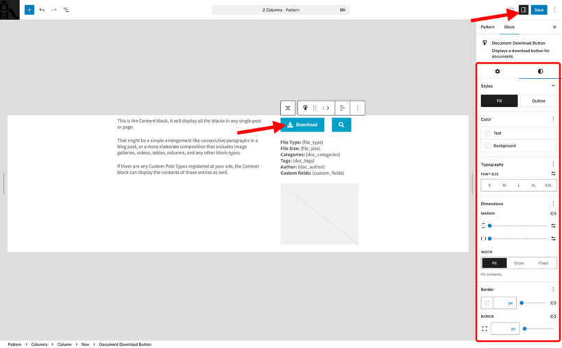 Styling the document download and preview buttons