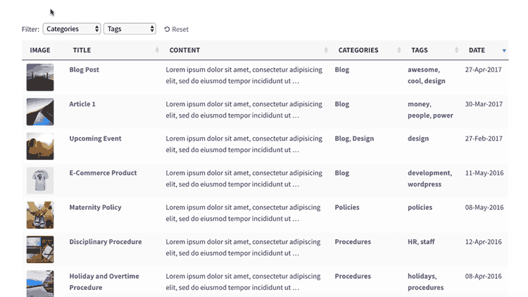 Document table filters