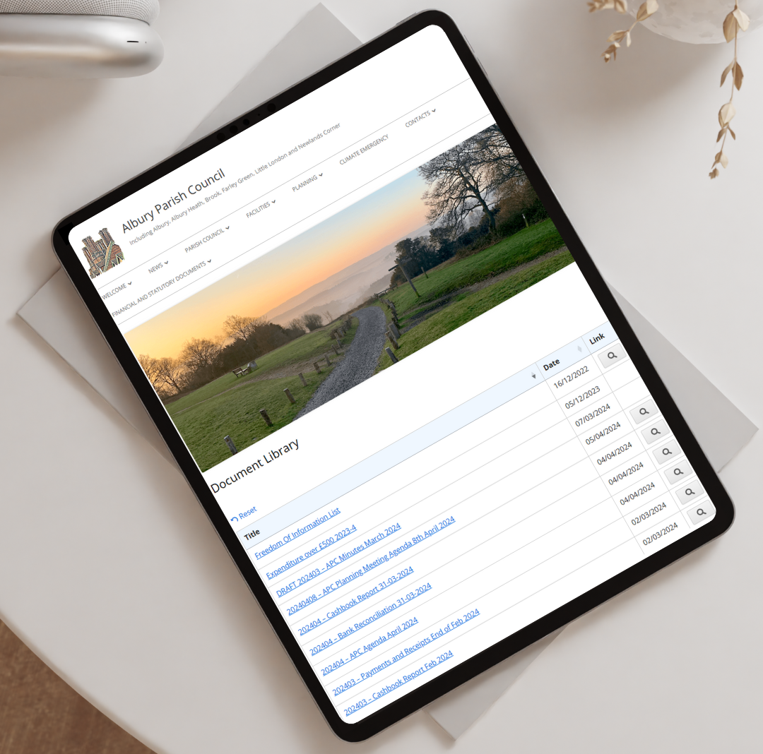 Albury Parish Council document library shown on a tablet