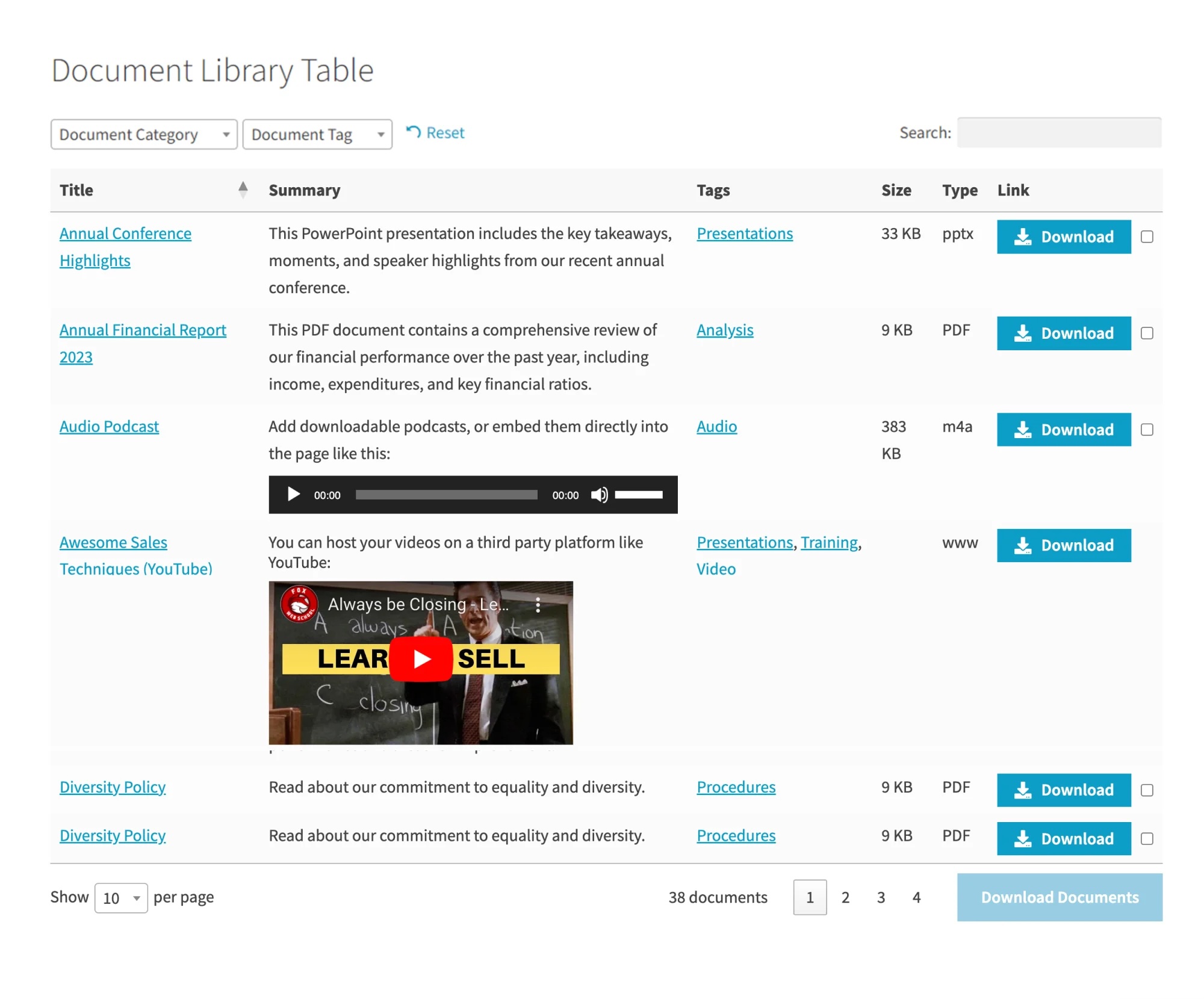 Document Library Pro front-end table with category and tag filter dropdowns, a live search box, and sortable columns of documents