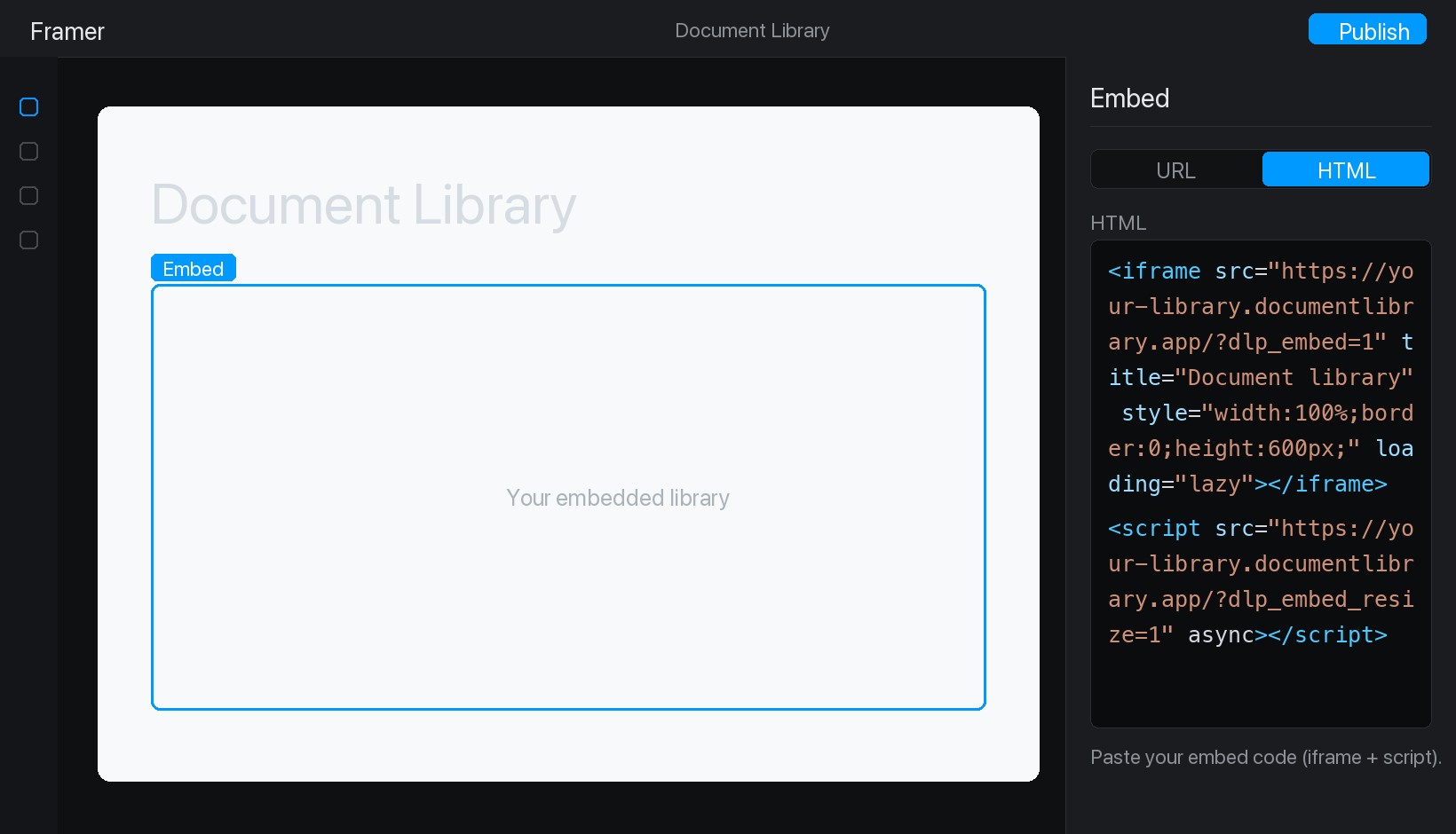 Pasting the document library embed code into the Framer Embed component