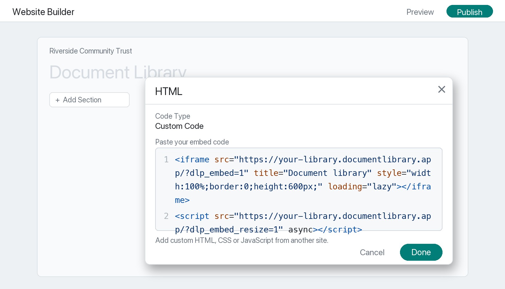 Pasting the document library embed code into the GoDaddy HTML Custom Code section