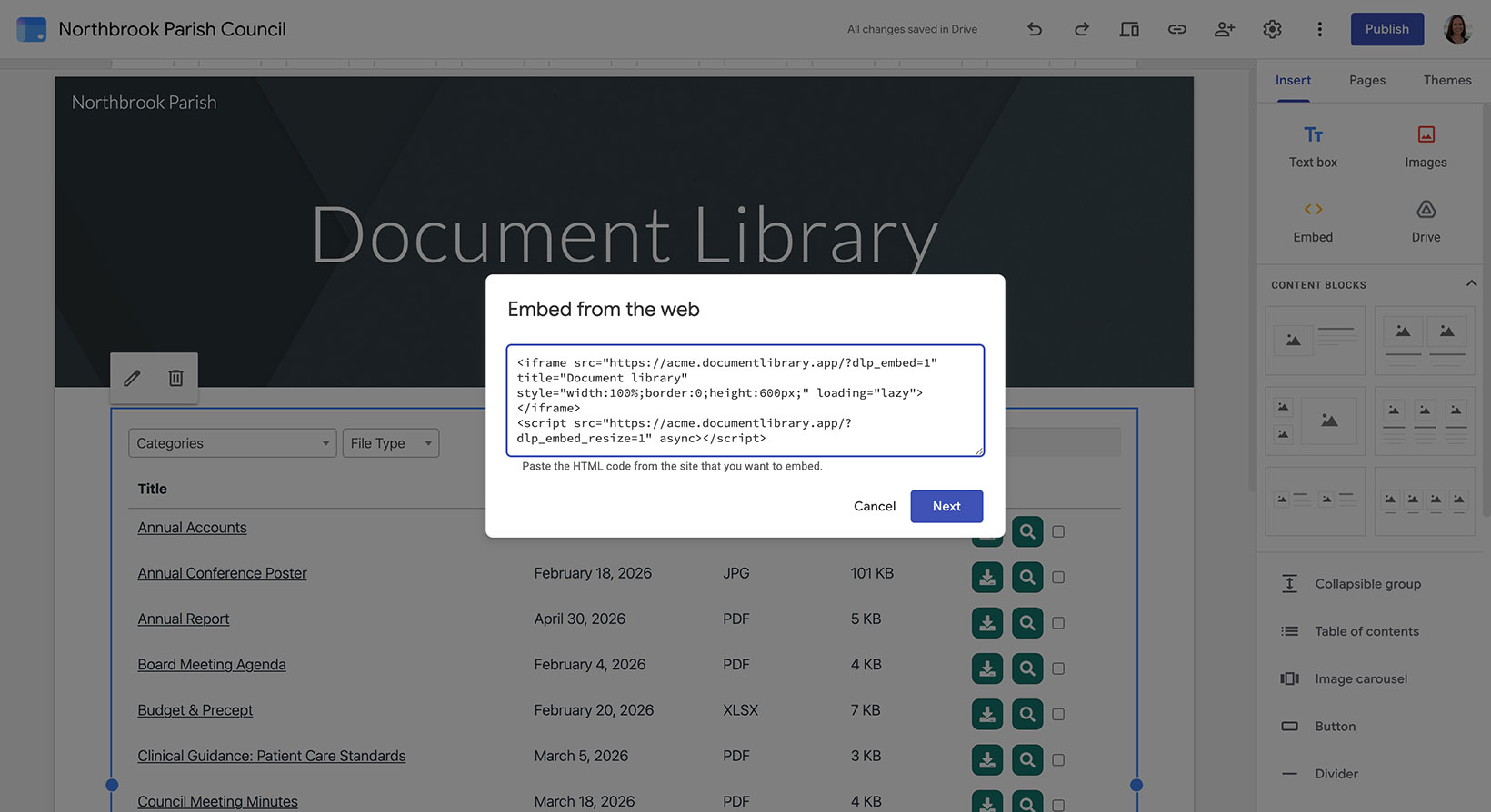 Pasting the Document Library Pro embed code into a Google Sites Embed element