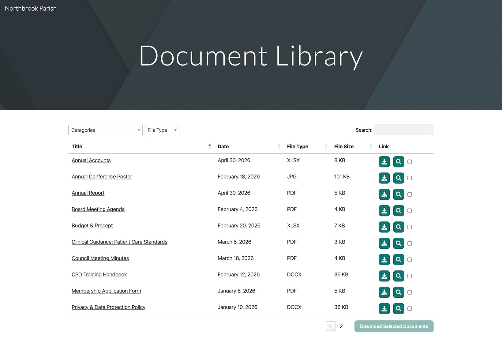 Document Library Pro running on a Google Sites parish council site