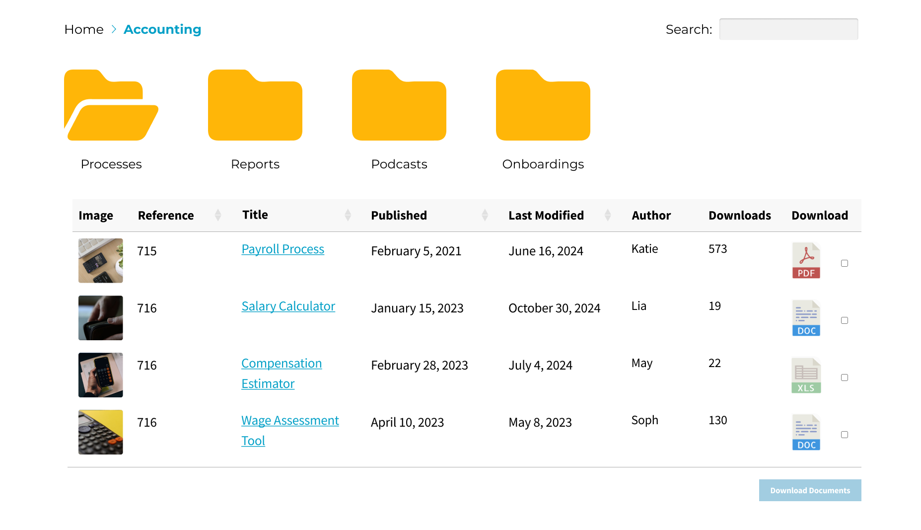 Folders layout - documents organised into browsable folders