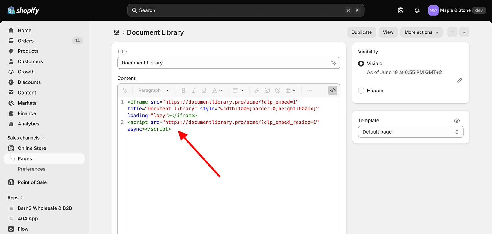 Pasting the document library embed code into a Shopify page's HTML view
