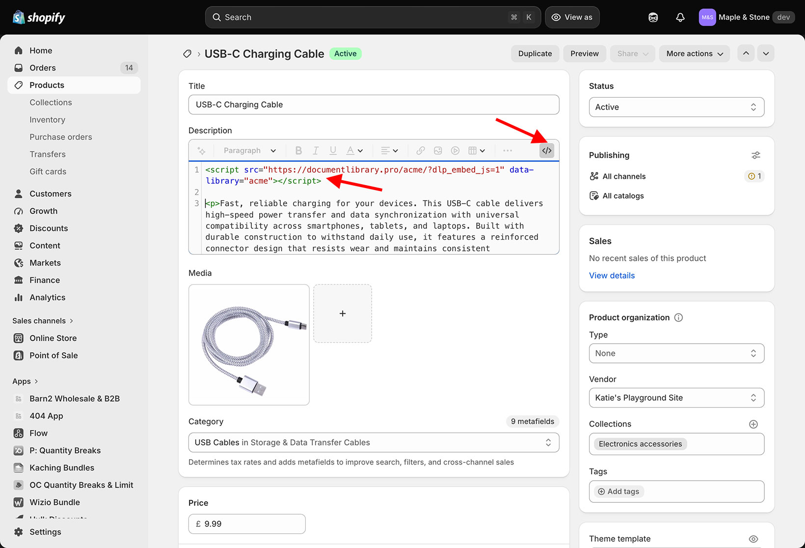 Pasting the embed code into a Shopify product's description in HTML view