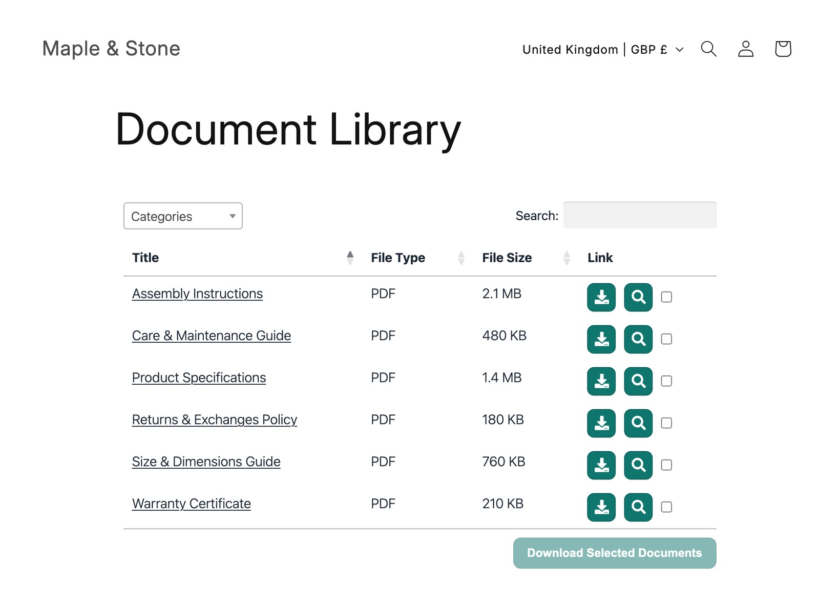 Document Library Pro running on a Shopify storefront