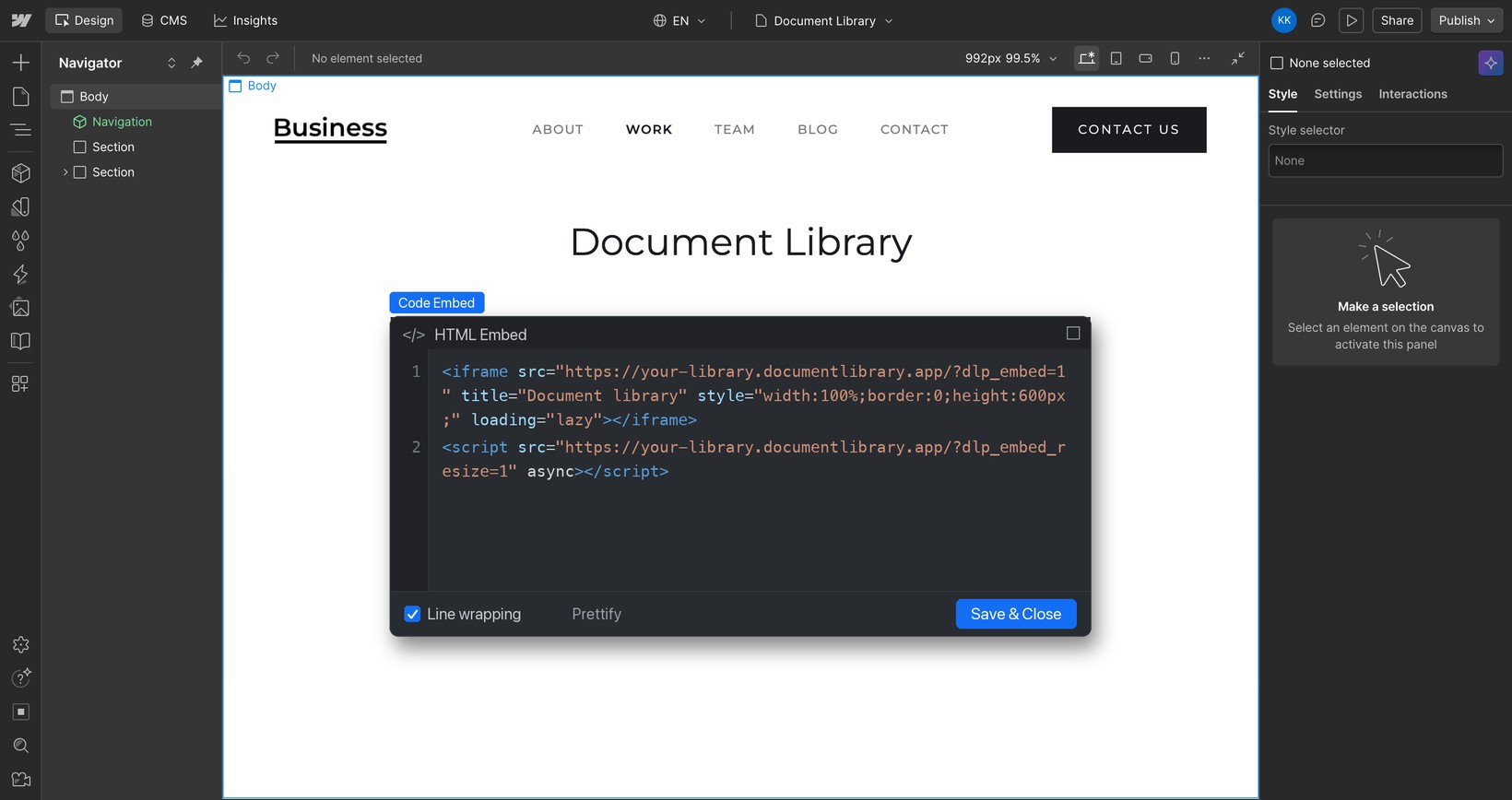 Pasting the Document Library Pro embed code into a Webflow Code Embed element