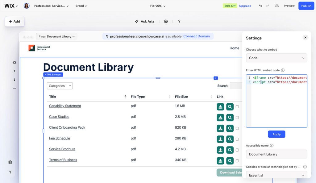 Adding the Document Library Pro embed code in Wix