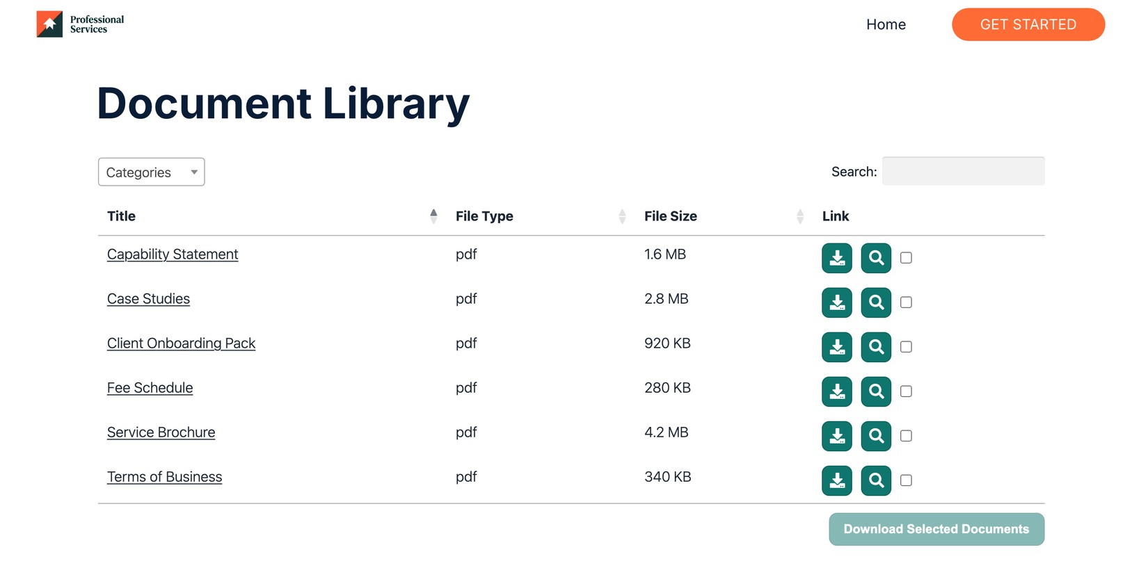 A document library displayed on a published Wix page