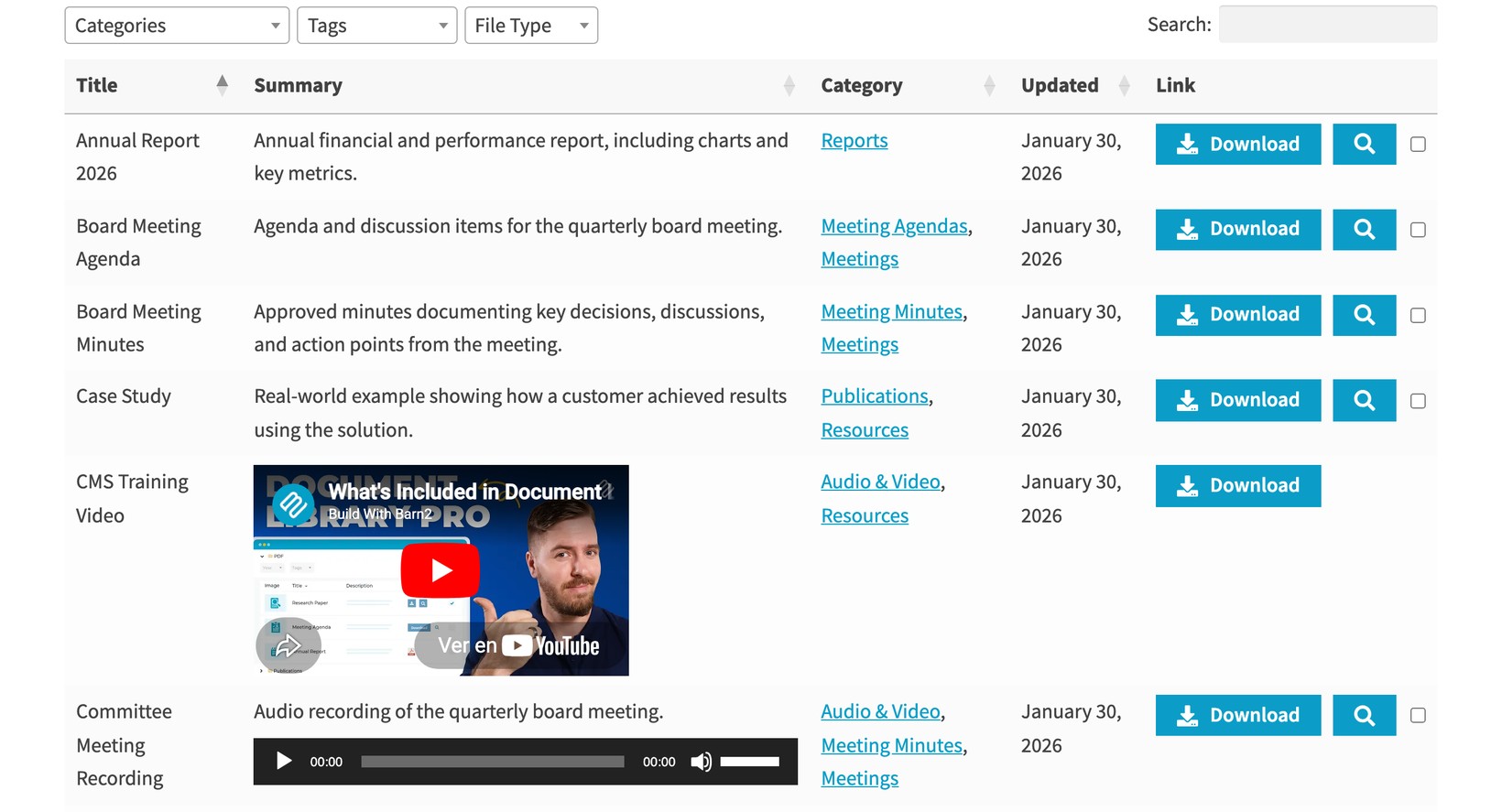 A hosted document library embedded on a WordPress site