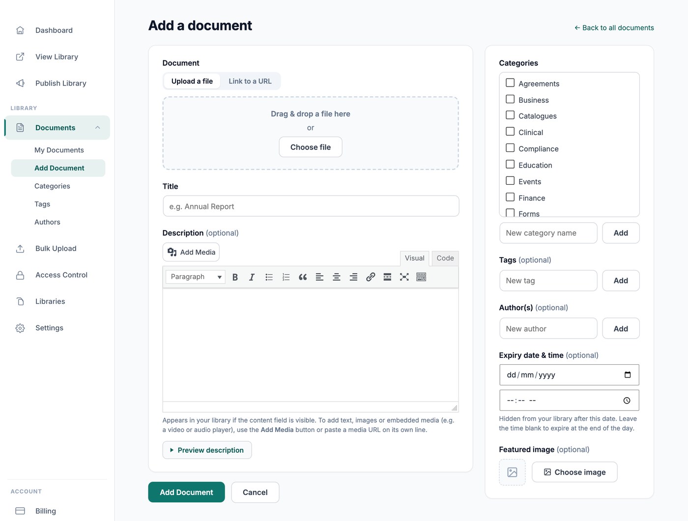 Adding a document to your library with a file, title, categories and tags