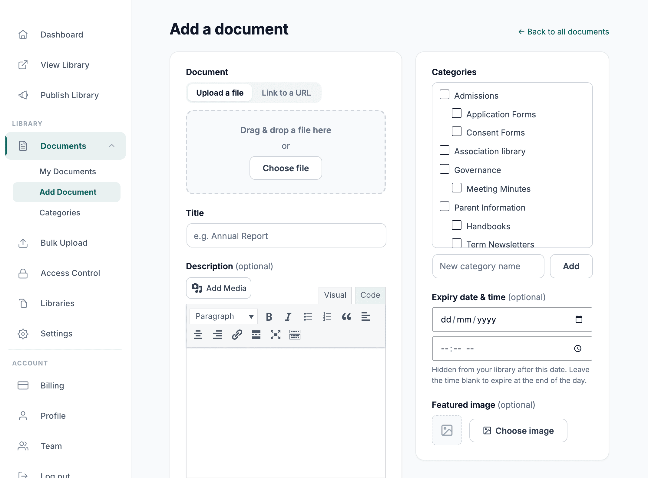 Admin add a document screen
