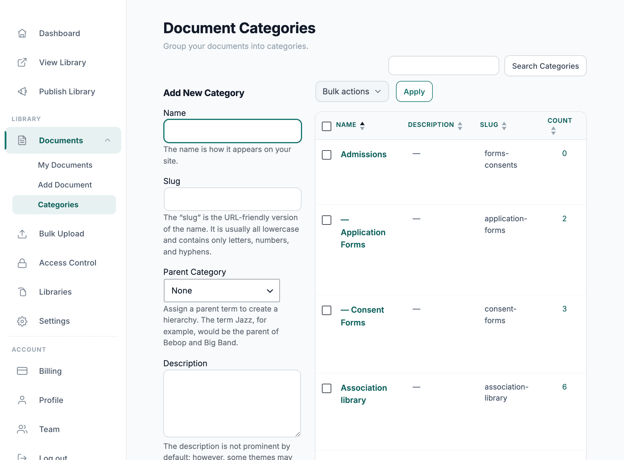 Admin multi-level document categories