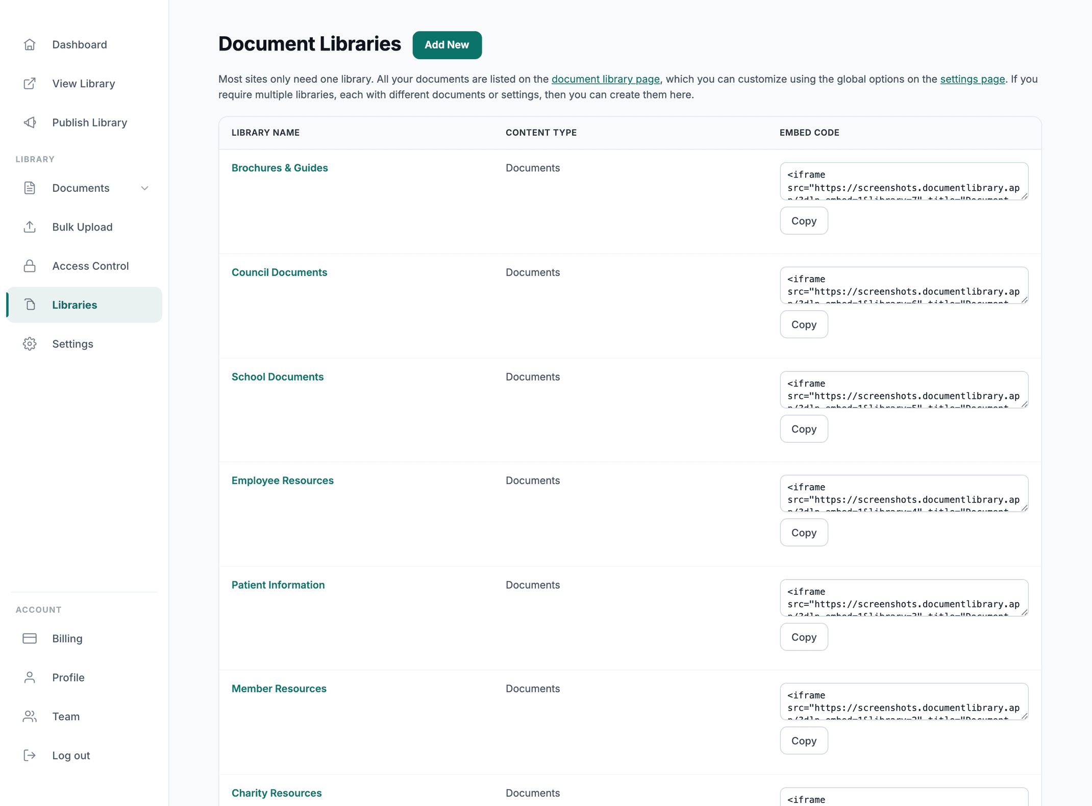 Admin multiple libraries with embed codes