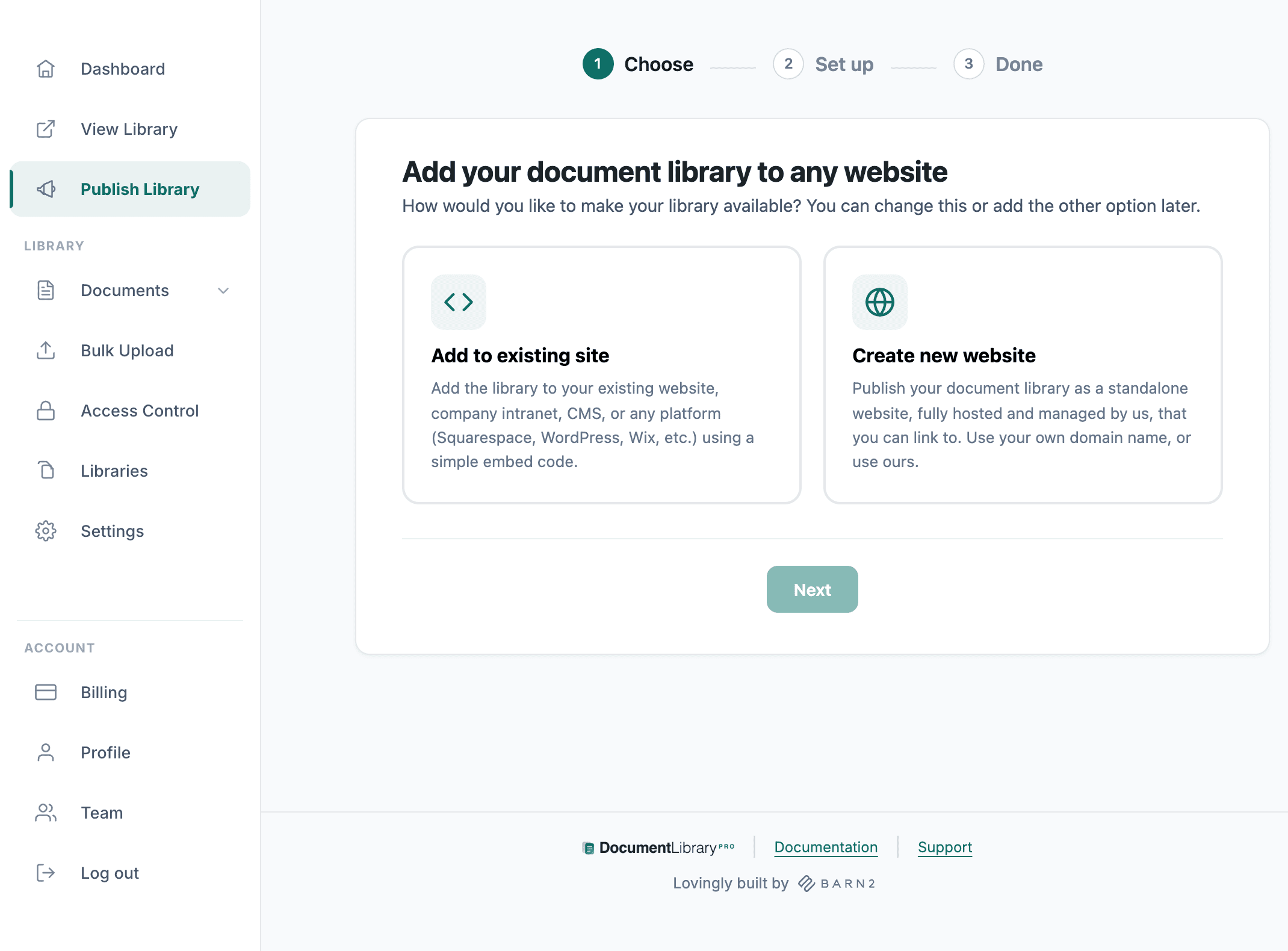 Admin publish library, embed or hosted website