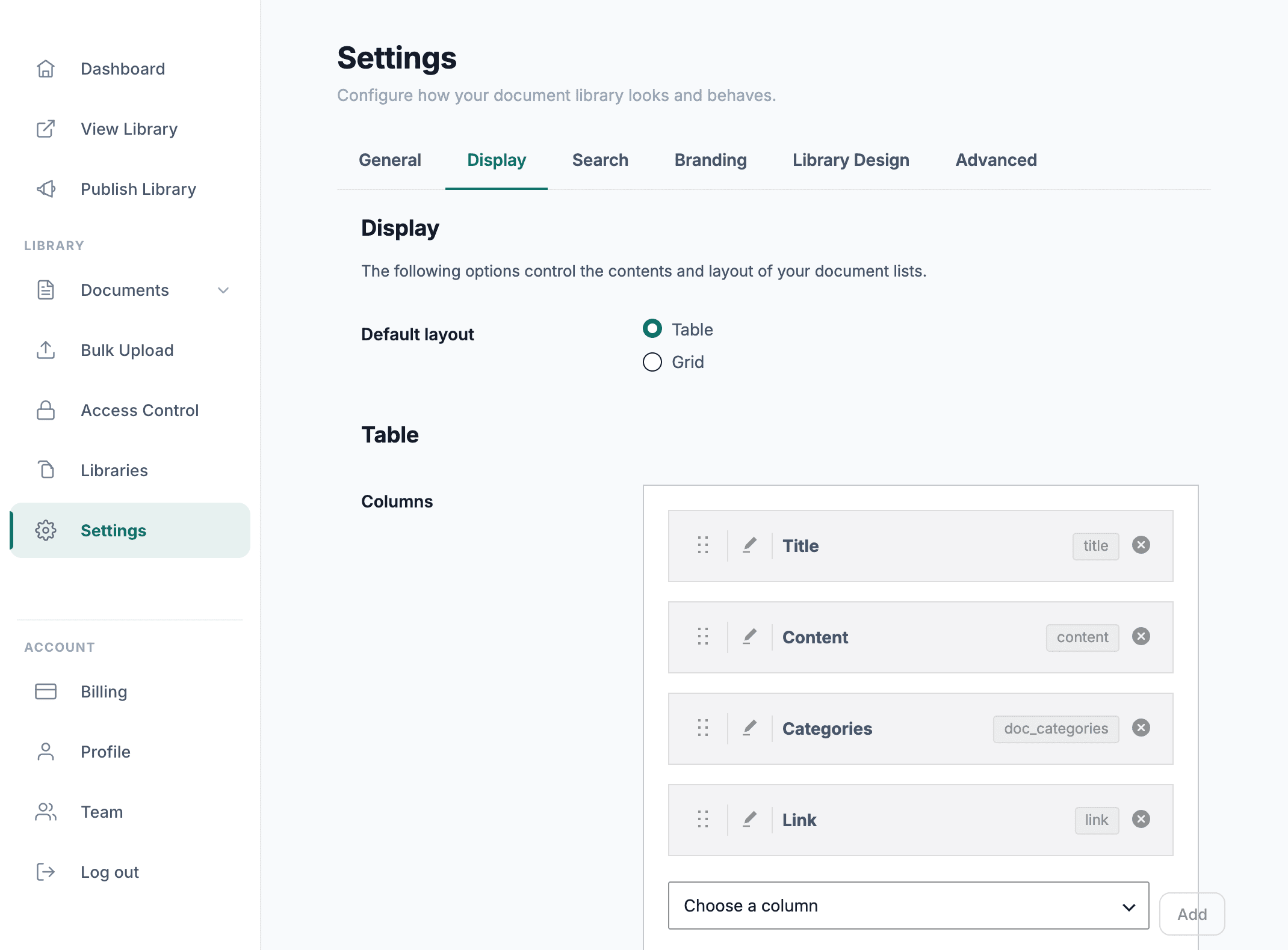 Admin settings, display and columns