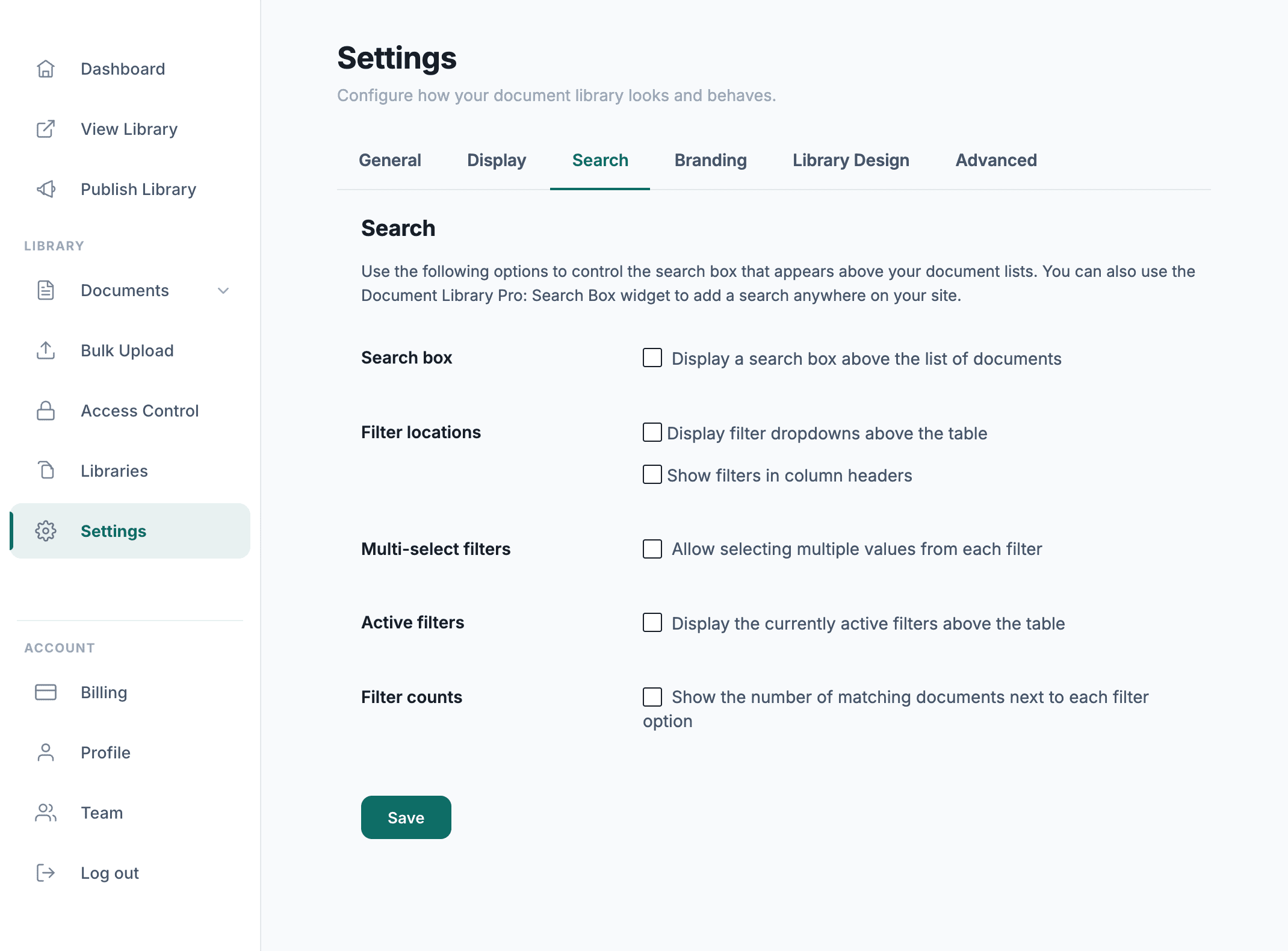 Admin settings, search and filters