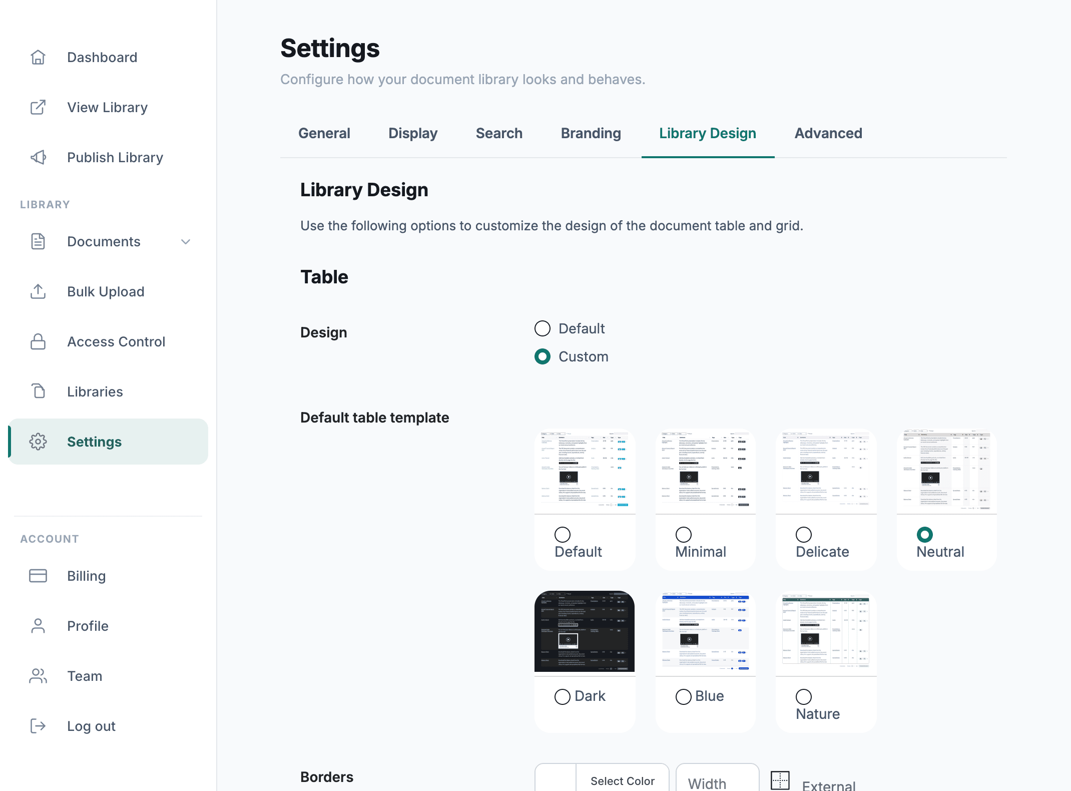 Admin settings, library design templates