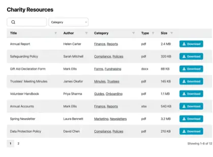 A document library shown as a filterable table