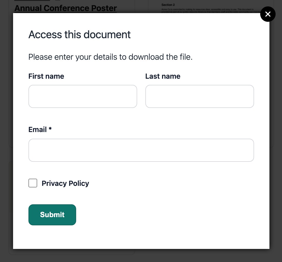 Email capture form gating a document download as a secure sharing access model