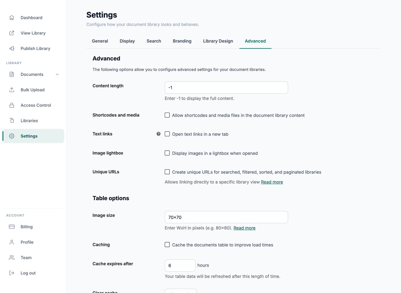 Content length setting controlling how much document content is shown