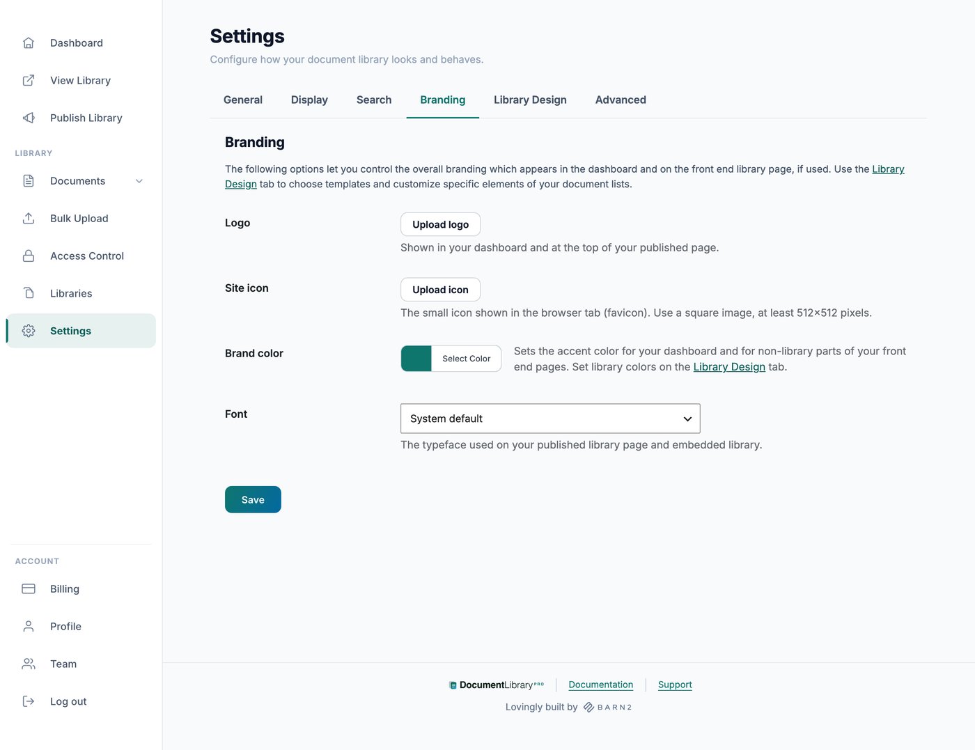 Branding settings for the document library logo, brand color and font