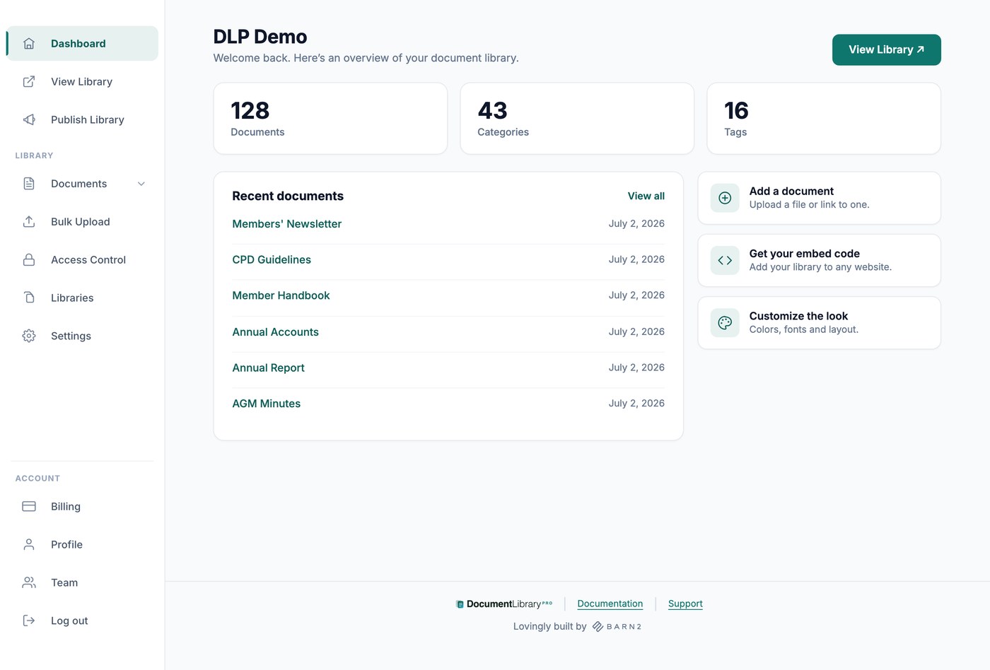 Document library dashboard shown after getting started