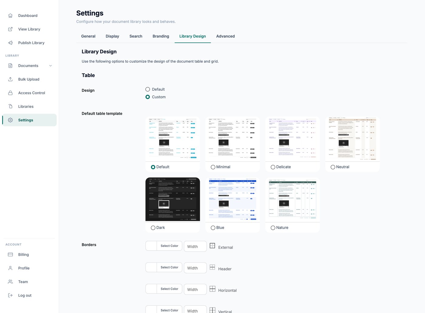 Choosing a design template and border styles for the document library
