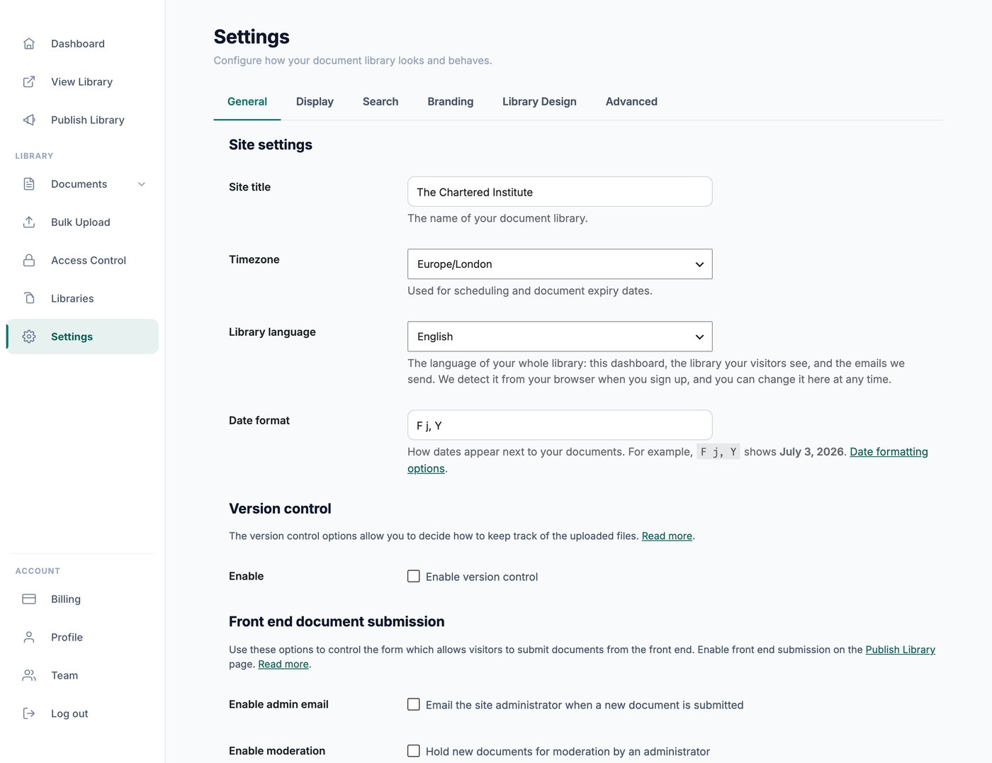Enabling version control in the document library settings