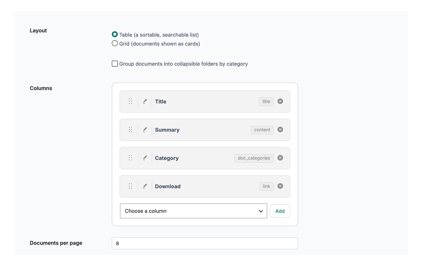 Changing the number of documents per page in the library settings