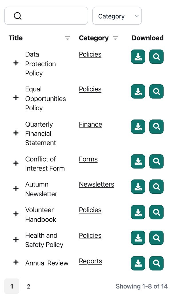 Document library on a mobile screen with expandable rows for extra columns
