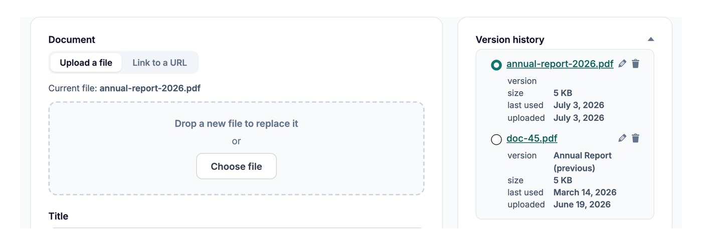 Replacing a document file by dropping a new file, with version history keeping previous versions