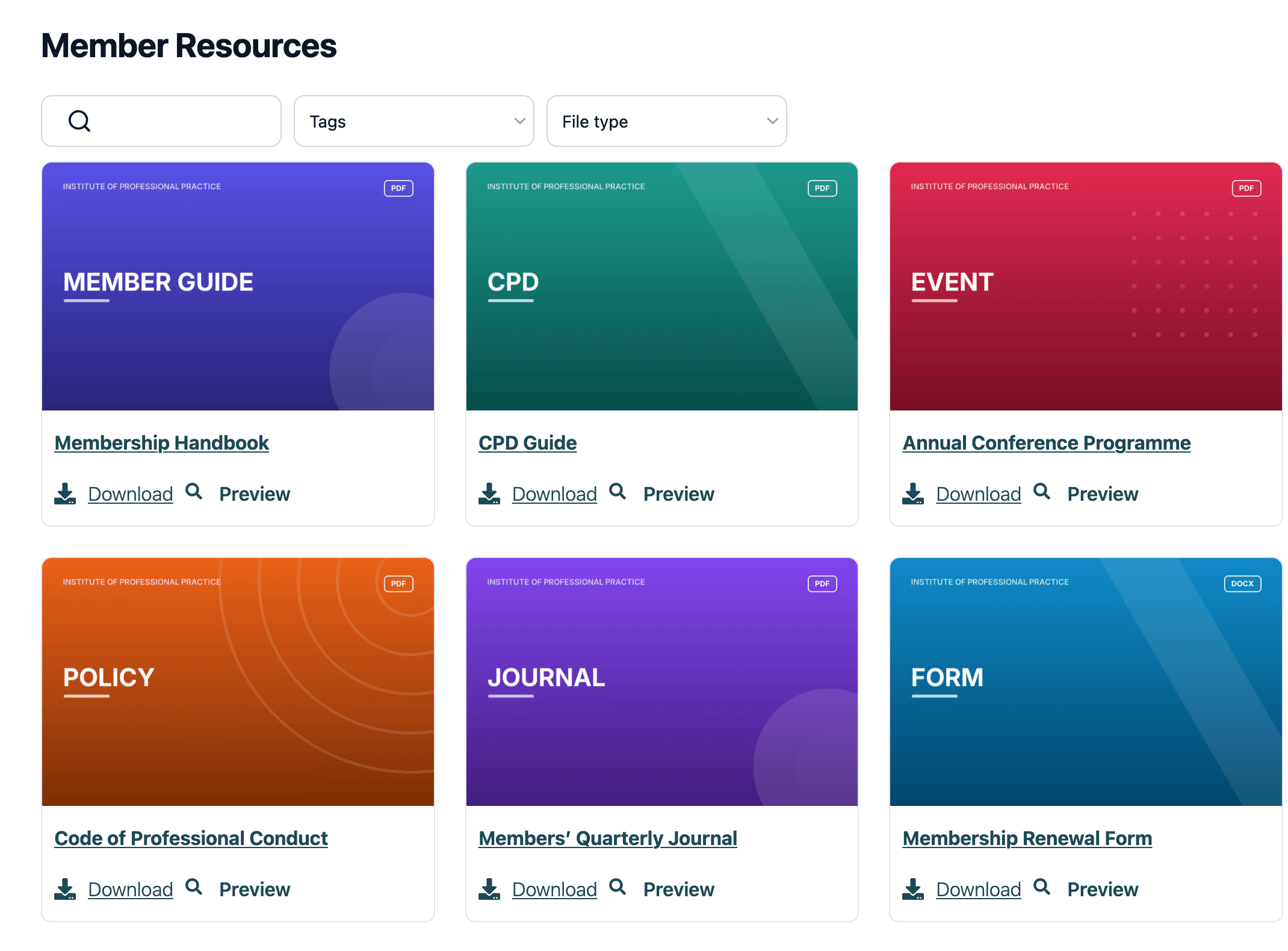 Membership association library front end as a card grid with cover images