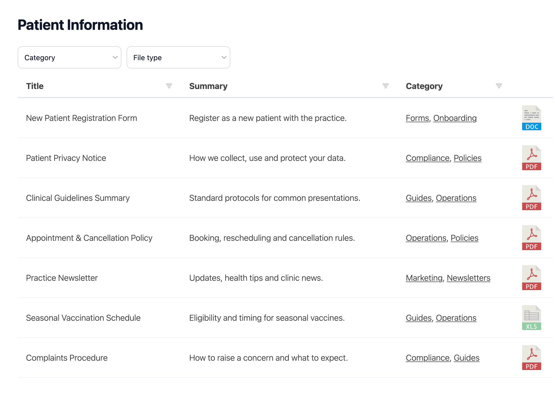 Healthcare document library front end in a minimal table layout