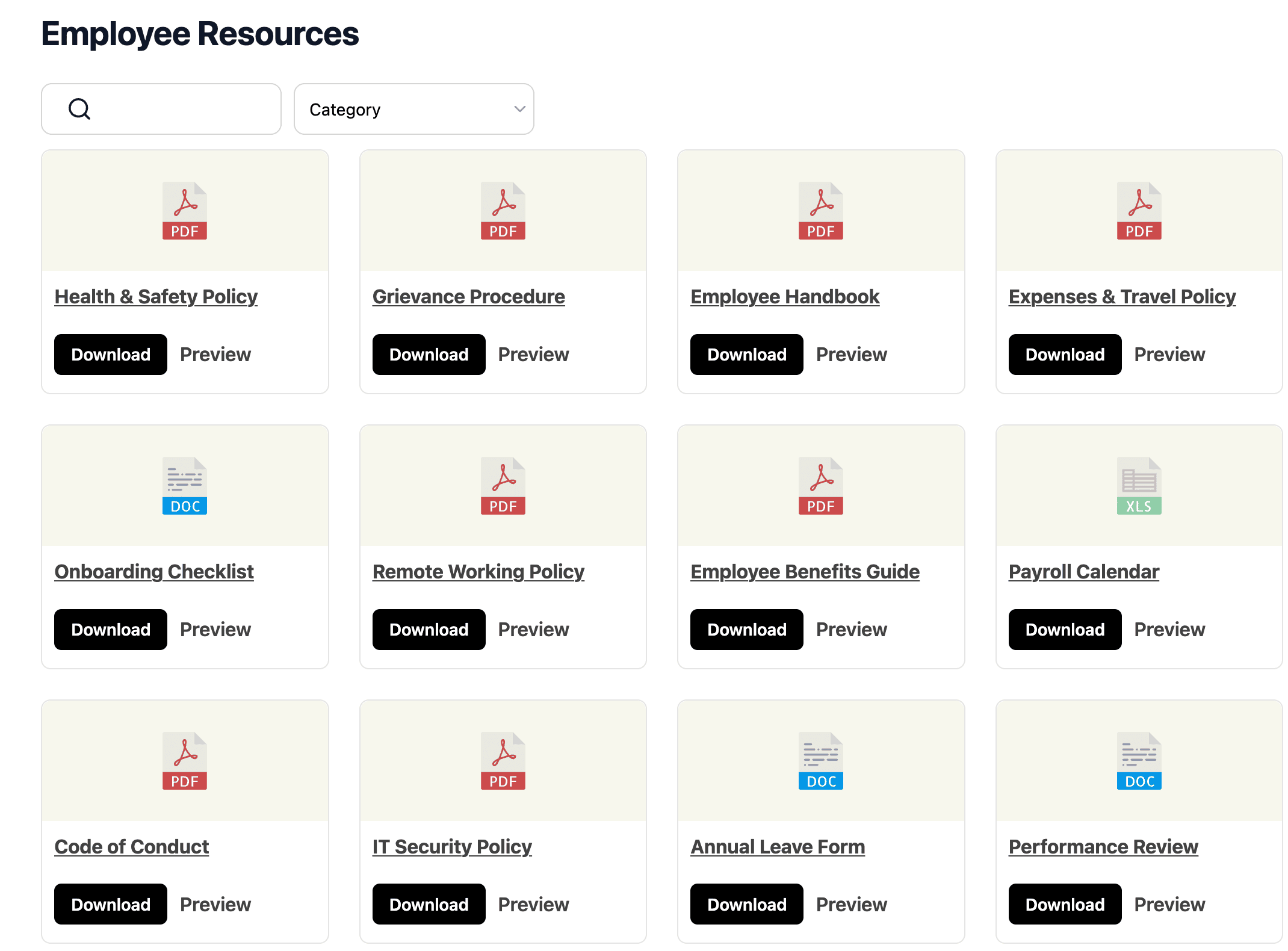 Corporate HR document library front end with file-type icon cards